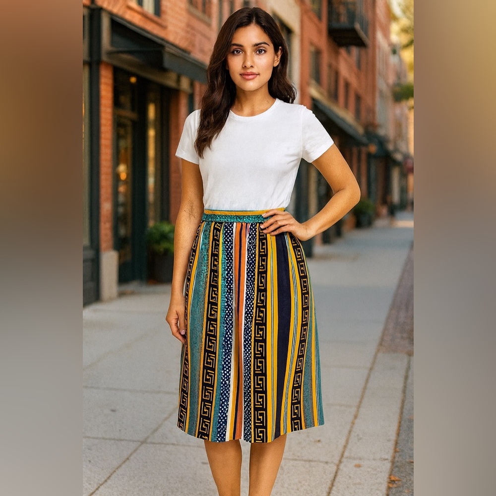 Vintage Graphic Pleated Midi Skirt, Stripes & Polka Dots, Pockets, XS/S